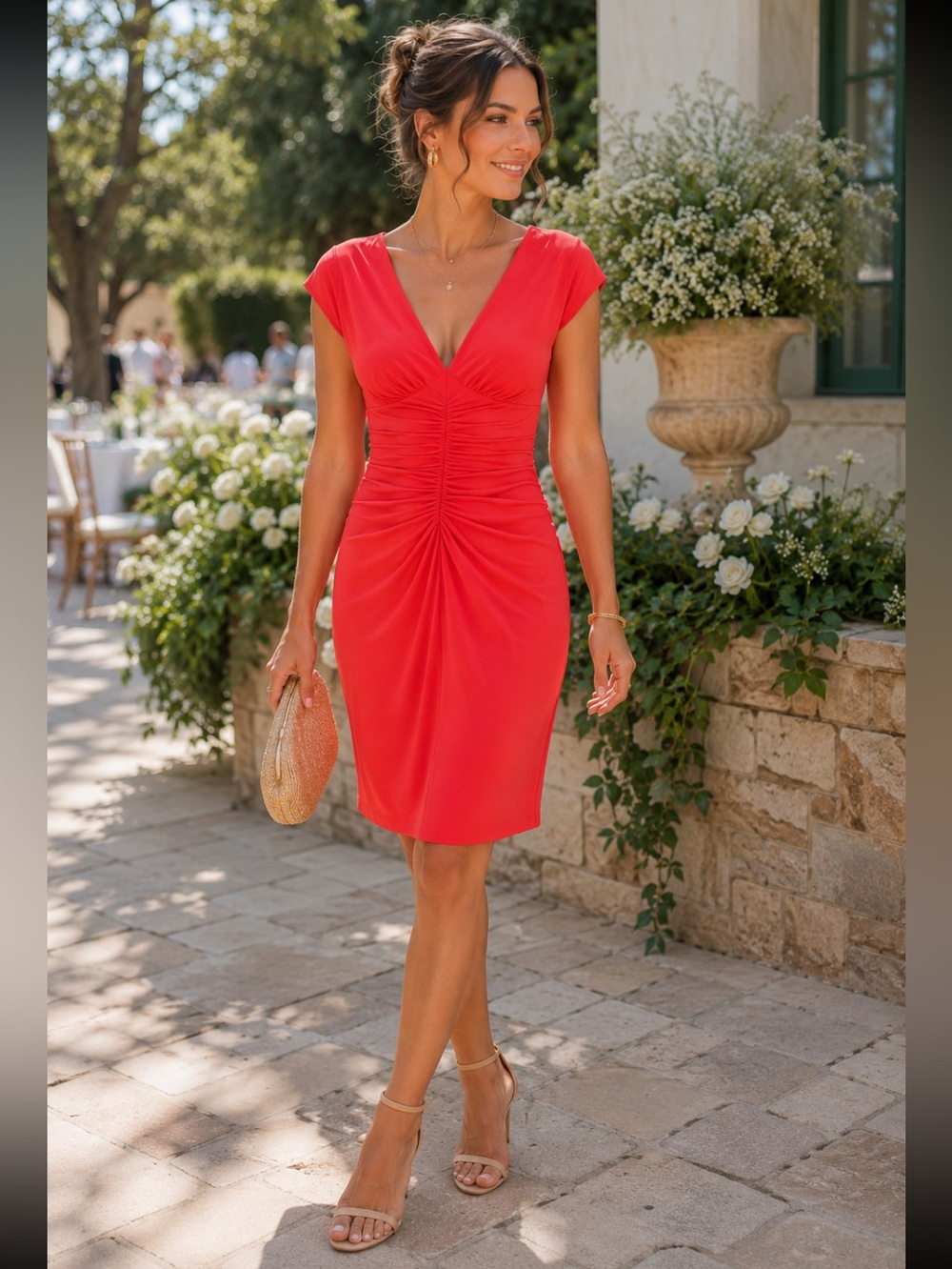 Moda International Coral Red Ruched Waist V Neck Sz 4 Worn Once